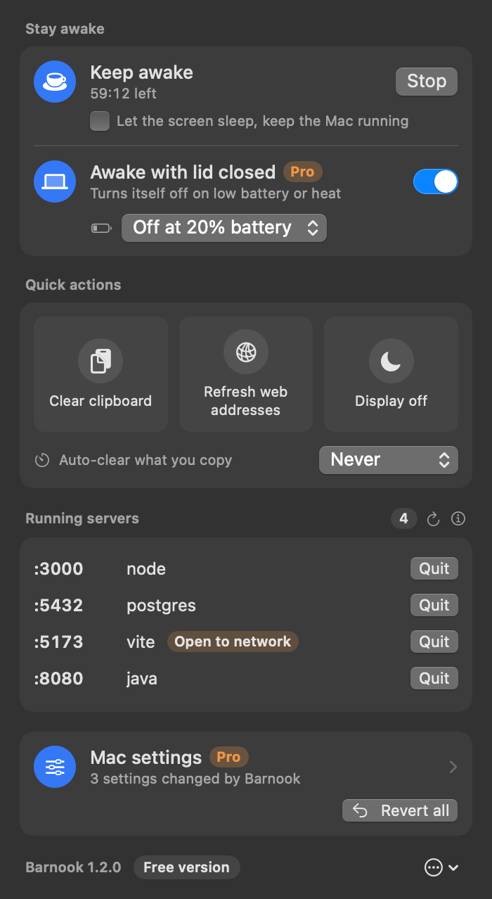 The Barnook panel: keep awake with 59 minutes left, awake with lid closed on, four running servers, quick actions, and three changed settings ready to revert