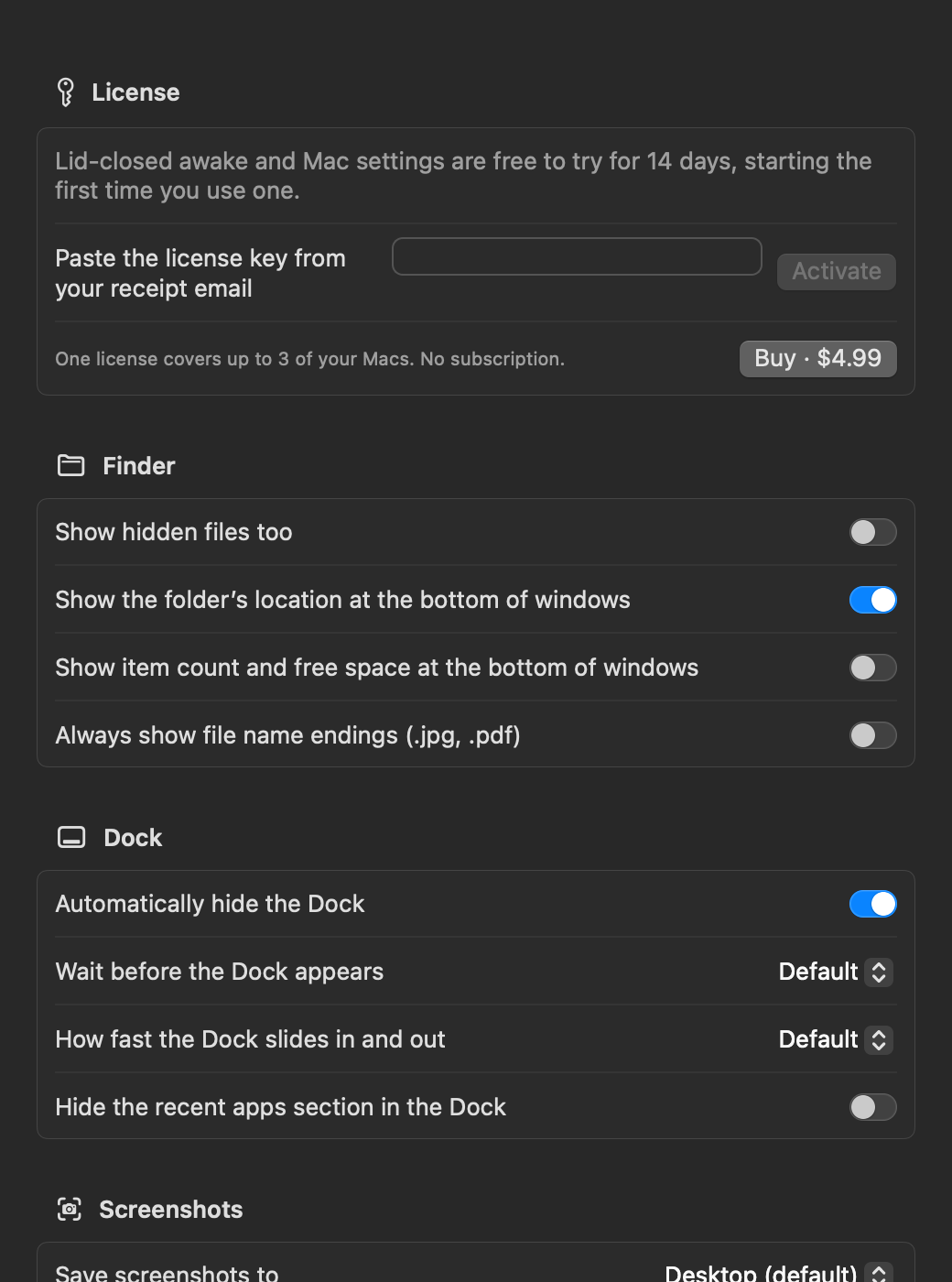 The Barnook Mac Settings window listing Finder, Dock, screenshot and keyboard settings